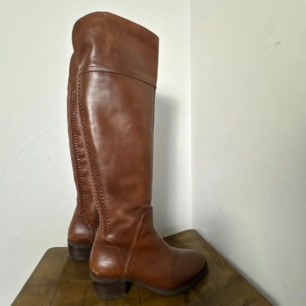 Vince Camuto Brown Leather Tall Riding Boots Braided Womens 7.5 Classic